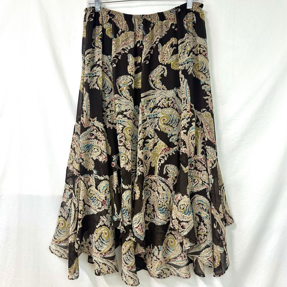 SOFT SURROUNDINGS Brown Paisley Handkerchief Hem Peasant Midi Skirt M Bohemian